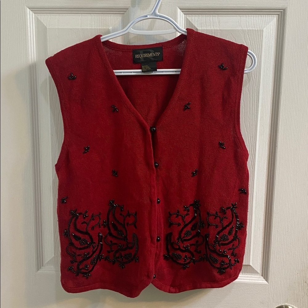 Vintage Requirements Beaded Floral Cotton Blend Button Up Sweater Vest Large